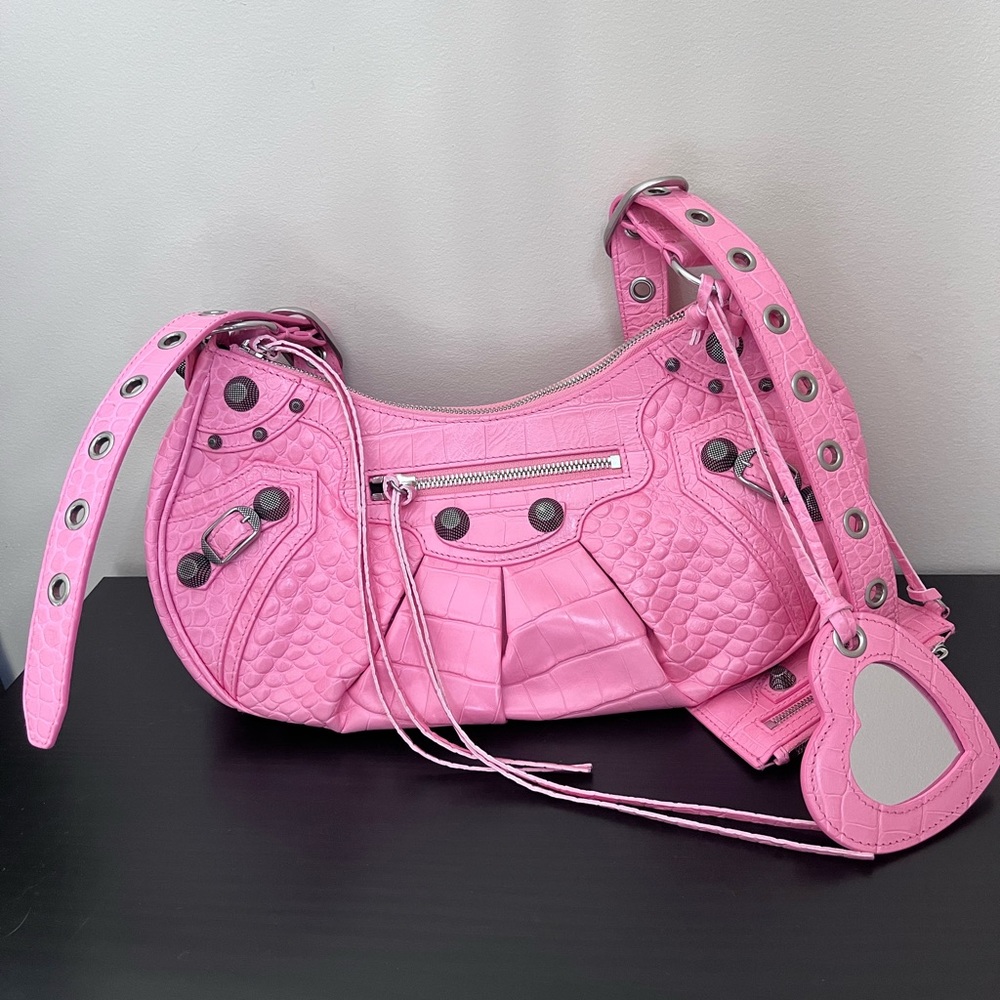 BALENCIAGA LE CAGOLE SMALL SHOULDER BAG CROCODILE EMBOSSED IN PINK